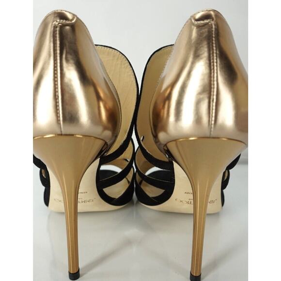 Jimmy Choo Tarine Black Suede Gold Leather Open Toe Cut Out Sandals SZ 38.5 $895 - Picture 8 of 10